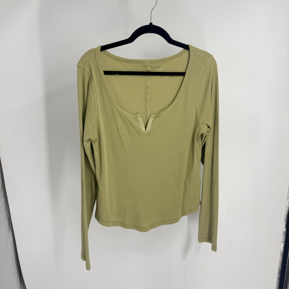 Anthropologie Pilcro Green Ribbed Notched Neck Long Sleeve Top L NWT Cozy Shirt